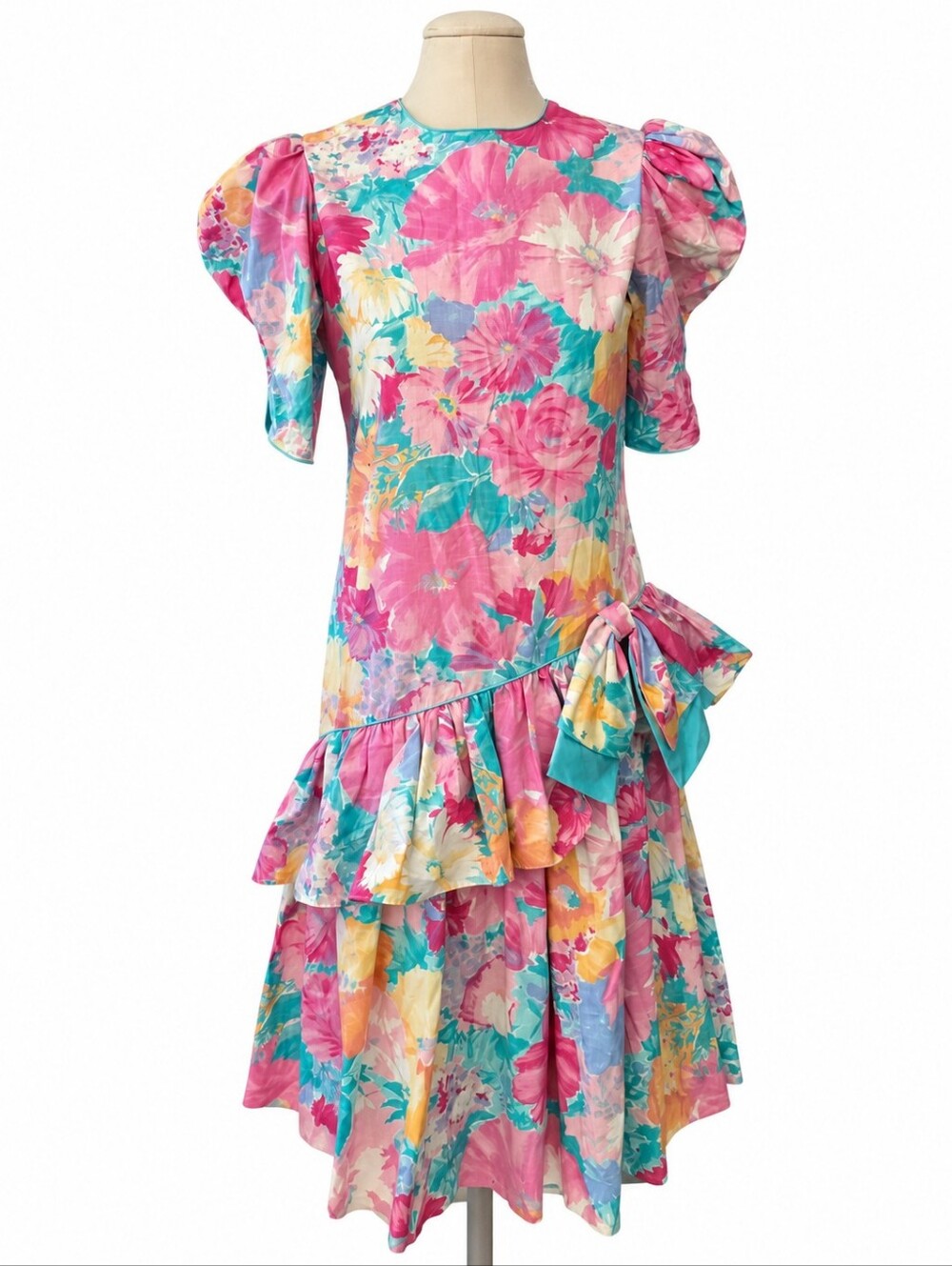 Vintage 80s Picture Me Floral Puff Sleeve Drop Waist Ruffle Bow Dress Teen 14/9